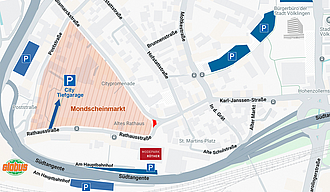 Kartenausschnitt der Völklinger Innenstadt, die Parkflächen sind hervorgehoben